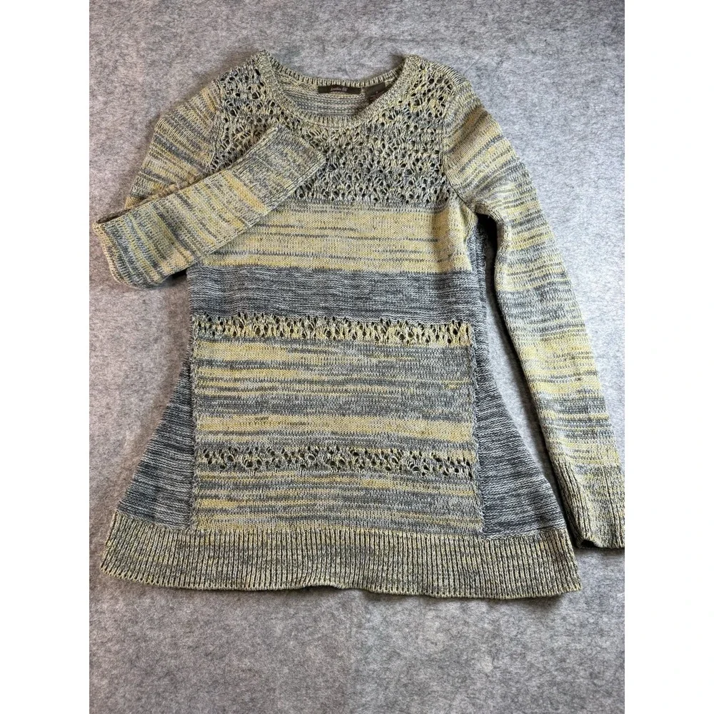 Heather B Marled Cotton Open Knit Sweater XS Gray Mustard Boho Textured Pullover